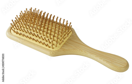 Hair care brush comb with wooden handle isolated on transparent background