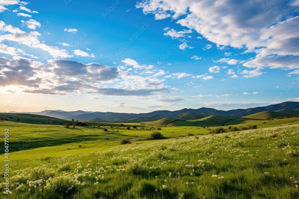 Scenic mountain landscape with green fields and blue sky