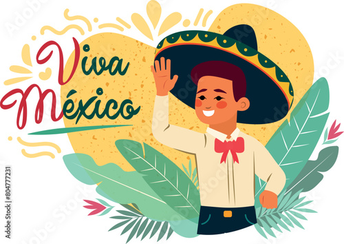 Viva México, niño con traje charro y sombrero en fiesta patria nacional