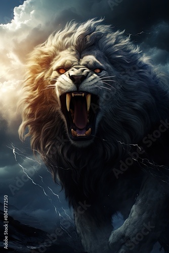 Fierce lion roaring in stormy sky