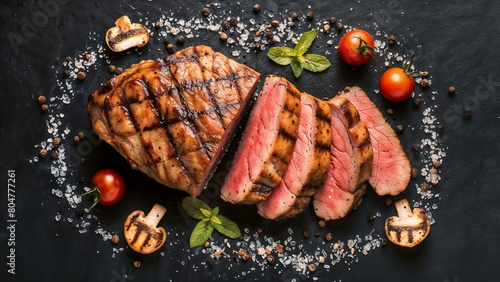 Delicious Grilled Meat with Fresh Herbs and Cherry Tomatoes and Mushrooms - A Beautifully Presented Gourmet Meal on a Black Counter, View from Above.