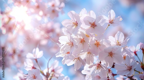 Blooming white cherry blossoms on the background of the sky