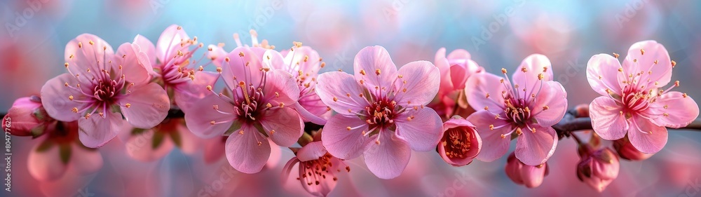 Blooming pink cherry blossoms with bokeh background.