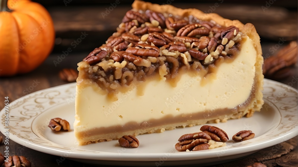 Thanksgiving dessert: a slice of pecan pie cheesecake, baked during the fall season Thanksgiving dessert: a slice of pecan pie cheesecake, baked during the fall season