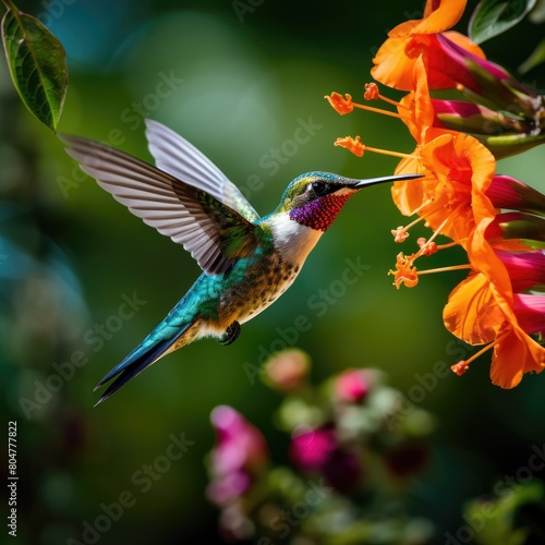 Hummingbird feeding on vibrant orange flower © Balaraw