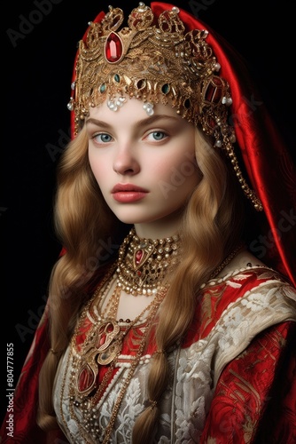 Regal medieval queen in ornate golden crown and jewelry