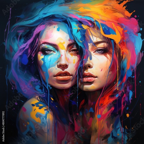 Vibrant abstract portrait of two women