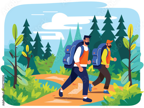 Two male hikers trekking through forest, enjoying nature. Men backpacks hiking trail, active vacation. Hikers exploring wilderness, outdoor adventure, leisure activity illustration