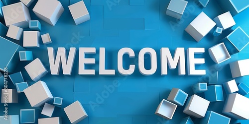 A banner in blue color and futuristic square shapes with Welcome text in bold font. for web and social media.