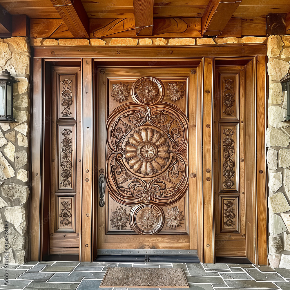 Luxurious Entry Doors with Hand-Carved Wood Panels: Exquisite Craftsmanship for Grand Entrances