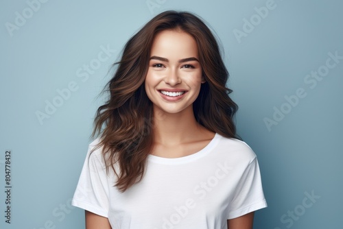 Smiling woman with long wavy hair