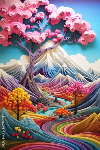 vibrant fantasy landscape with pink trees and mountains