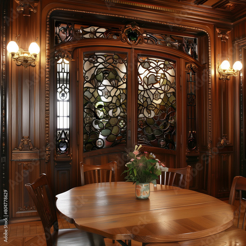 Art Nouveau Dining Room Doors with Intricate Leaded Details: Timelessly Elegant Designs photo