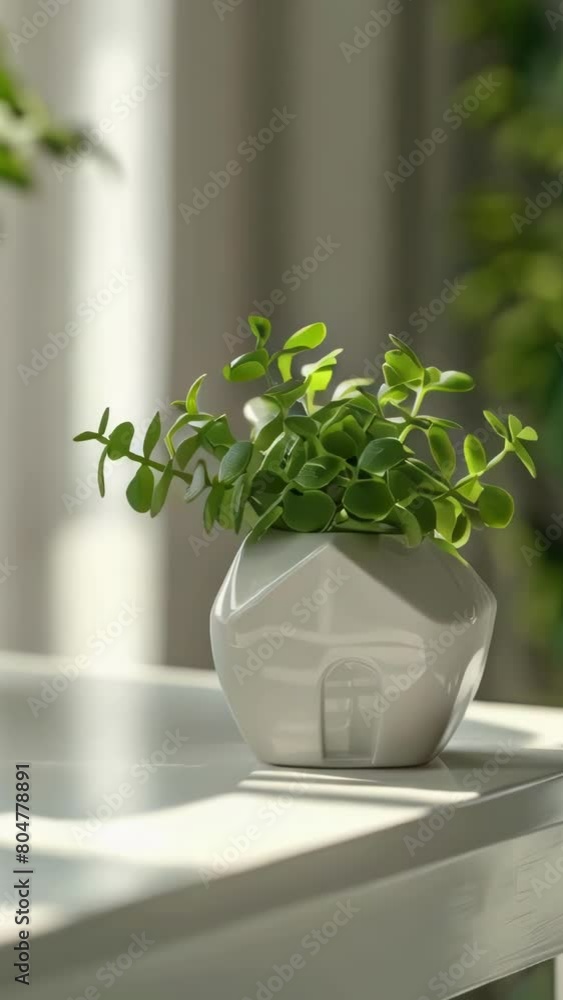 A small white vase with a plant inside it sits on a table. The plant is green and he is a small succulent. The vase is round and has a unique design, making it a decorative piece for the table A small white vase with a plant inside it sits on a table. The plant is green and he is a small succulent. The vase is round and has a unique design, making it a decorative piece for the table