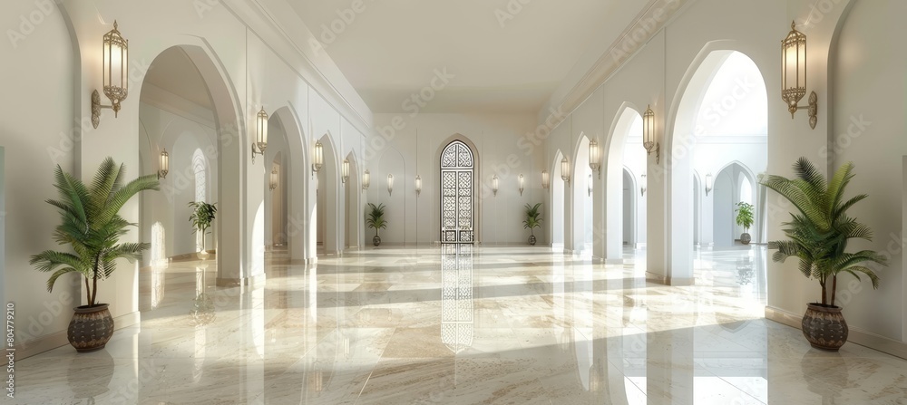 Elegant ramadan decor  abstract islamic interior with lanterns, arches, and plants