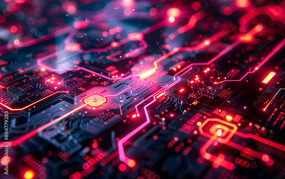Close-up image of a sophisticated red circuit board, featuring detailed paths and glowing technology components.