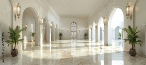 Elegant ramadan decor  abstract islamic interior with lanterns, arches, and plants © Ilja