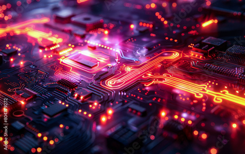 Macro view of an intricate red circuit board with glowing elements highlighting modern electronics and technology.