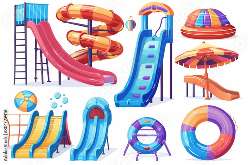 Water slide for swimming pool in summer aquapark vector. Waterslide twist tube  inflatable ball and sunbed element set for playground on vacation. Extreme attraction for holiday and resort leisure vec