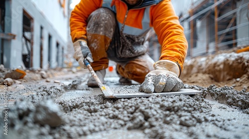 Castinplace work using trowels Workers level cement mortar Construction worker uses trowel to level cement mortar screed Concrete works on construction site photo