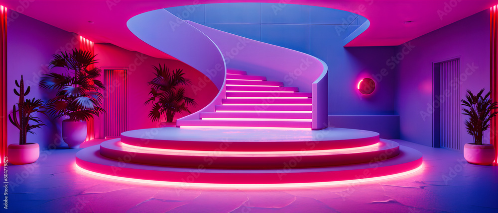 Contemporary Interior with Neon Lighting, Modern Architectural Design, Abstract Geometric Shapes