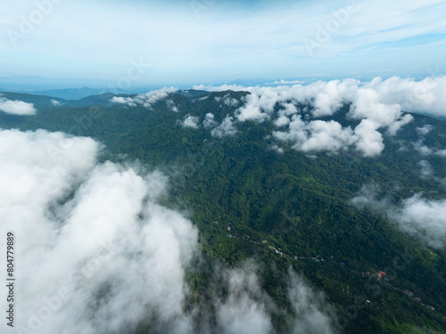 Aerial view flowing fog waves on mountains tropical rainforest,Bird eye view image over the clouds, Amazing nature background with clouds and mountains peaks in Thailand © panya99
