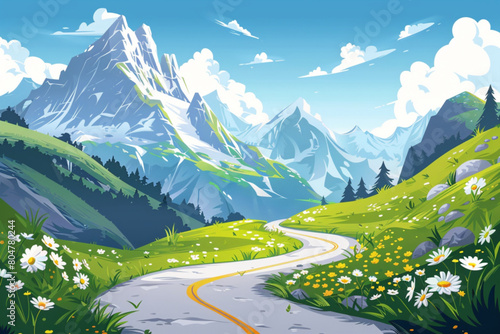 Winding road on mountain background. Vector cartoon illustration of curvy highway on green hill with grass and summer flowers, glacier on rocky peaks, fluffy clouds in blue sky, travel game backdrop v photo