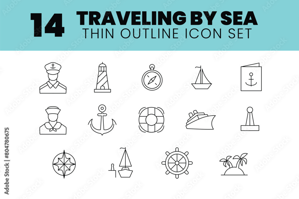Naklejka premium sea traveling pixel perfect outline icon set vector