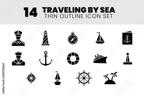 sea traveling solid icon set vector