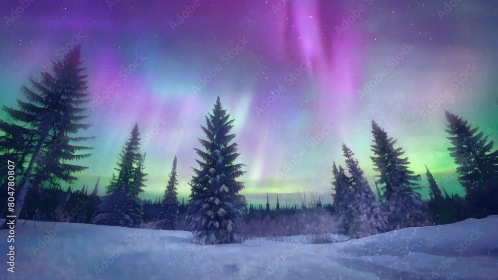 Beautiful arctic aurora in the night sky. Bright aurora borealis. Winter landscape in the northern regions. Snowy valley. Spruce trees in snowdrifts. Beautiful arctic aurora in the night sky. Bright aurora borealis. Winter landscape in the northern regions. Snowy valley. Spruce trees in snowdrifts.