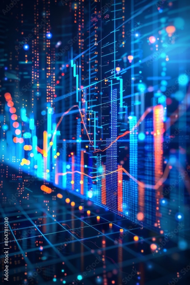 Bull market rally with vibrant blue graphs, displaying upward trend against sunrise glow Bull market rally with vibrant blue graphs, displaying upward trend against sunrise glow