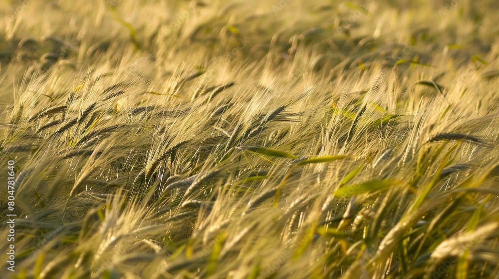 Fototapeta premium Barley field waves in breeze, close up, late afternoon light, golden hues, focus on texture 