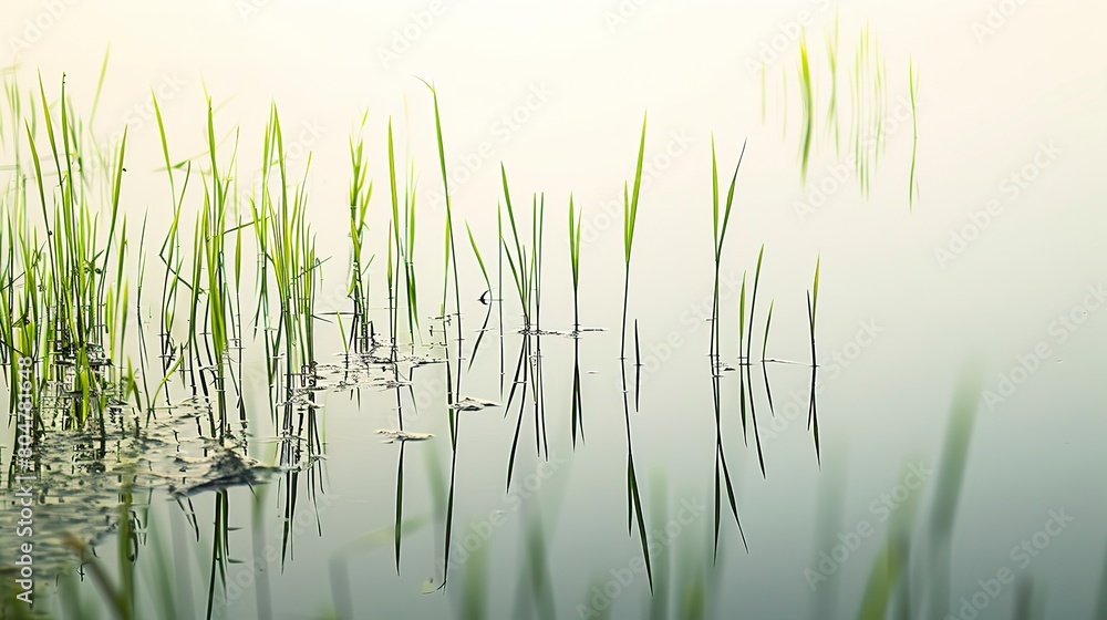 Obraz premium Rice paddy field close up, calm morning, green stalks reflecting in water, serene atmosphere 