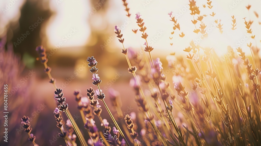 Lavender field, close up at sunset, purple hues, soft background, gentle focus on flowers 