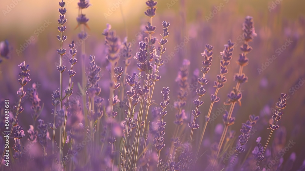 Obraz premium Lavender field, close up at sunset, purple hues, soft background, gentle focus on flowers 