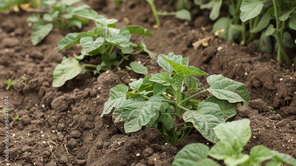 Potato plants in soil, close up, overcast day, focus on earthy tones and textures of leaves and dirt Potato plants in soil, close up, overcast day, focus on earthy tones and textures of leaves and dirt