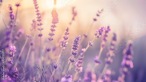 Lavender field  close up at sunset  purple hues  soft background  gentle focus on flowers 