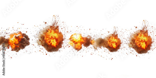 Carpet bombing explosions isolated on transparent background.