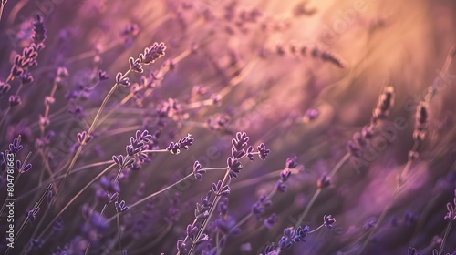 Lavender field  close up at sunset  purple hues  soft background  gentle focus on flowers 