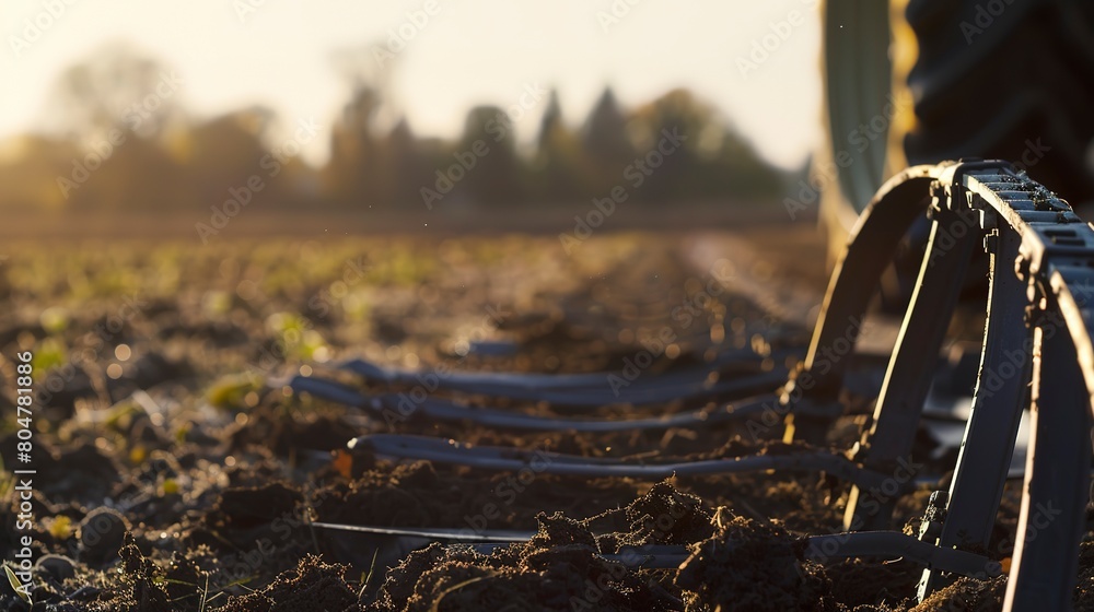 Fototapeta premium Disc harrow in field, close up, morning light, focus on soil and steel discs, agricultural scene