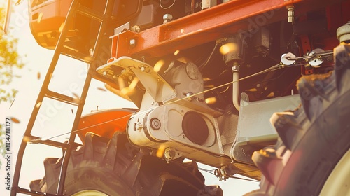 Seeder attachment on tractor, close up, midday sun, detailed view of mechanical parts and seeds  photo
