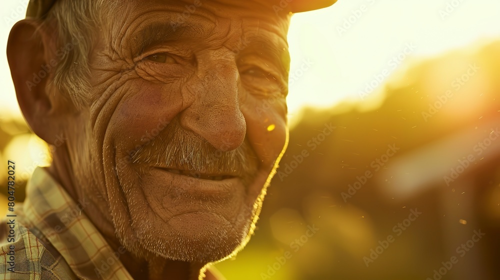 Farmer's face, close up, weathered and smiling, soft focus, golden hour lighting Farmer's face, close up, weathered and smiling, soft focus, golden hour lighting