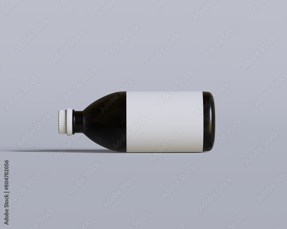 Medical Bottle. Medicine bottle of black color with white cap and blank label isolated on white background. for Mock up collection Medical Bottle. Medicine bottle of black color with white cap and blank label isolated on white background. for Mock up collection