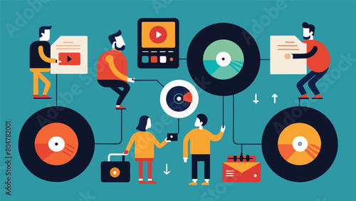 Record stores collaborate to create a scavenger hunt where participants can collect special edition vinyl from different labels. Vector illustration photo