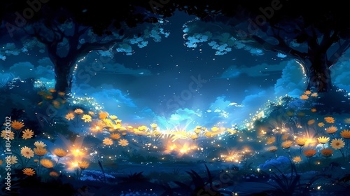 olorful flower field in the forrest in night spring meadow with flowers and tree blossom with sky in nature background
