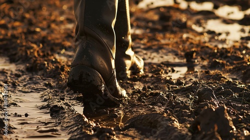 Close up on boots walking through mud  detailed mud splatter  early light  agricultural action 