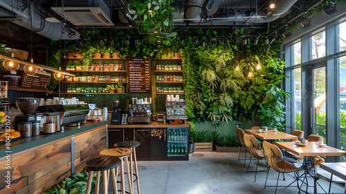 Coffee shop with botanical elements  plant-filled shelves  greenery and inviting guests to relax