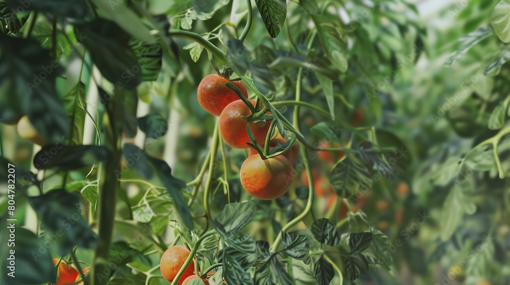Tomato plants in greenhouse, close up, red fruit and green leaves, natural light, lush scene 