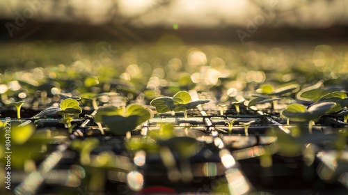 Greenhouse seedlings in trays, close up, young plants emerging, focused, morning light 