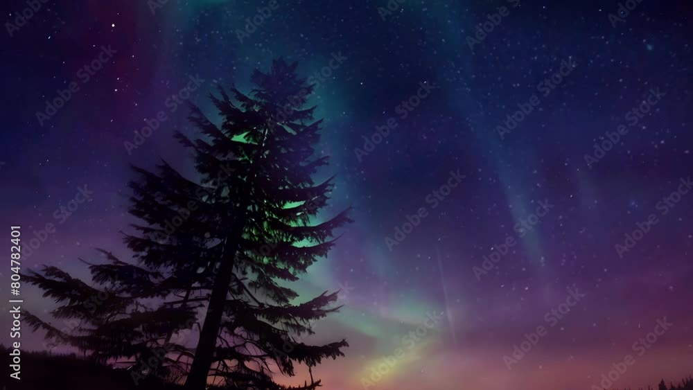 Beautiful arctic aurora in the night sky. Bright aurora borealis. Winter landscape in the northern regions. Snowy valley. Spruce trees in snowdrifts. Beautiful arctic aurora in the night sky. Bright aurora borealis. Winter landscape in the northern regions. Snowy valley. Spruce trees in snowdrifts.